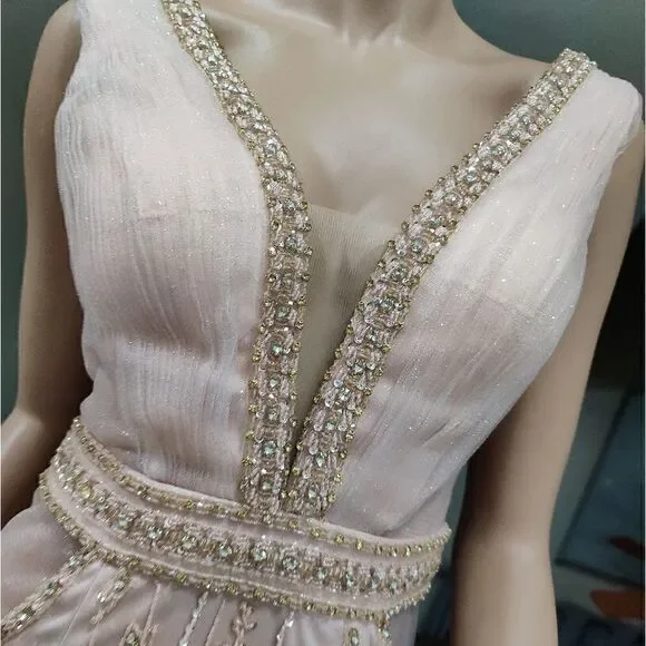 Elegant V-Neck All Over Beaded Glitter Haute Evening Dress
